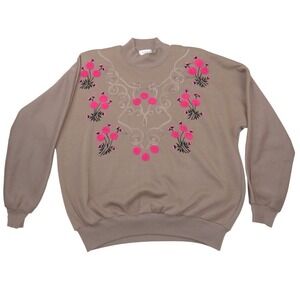Adolfo Sport Vintage Mock Neck Sweatshirt Taupe Pink Floral Embroidered Medium